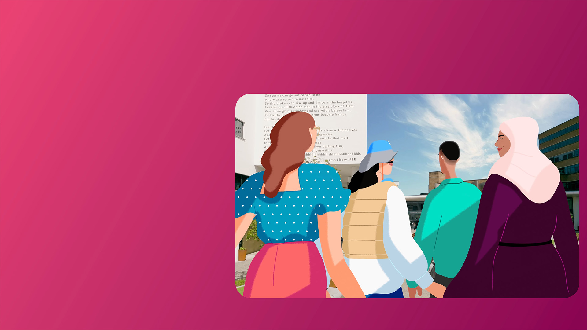 A web page header featuring four animated University of Huddersfield graduates.
